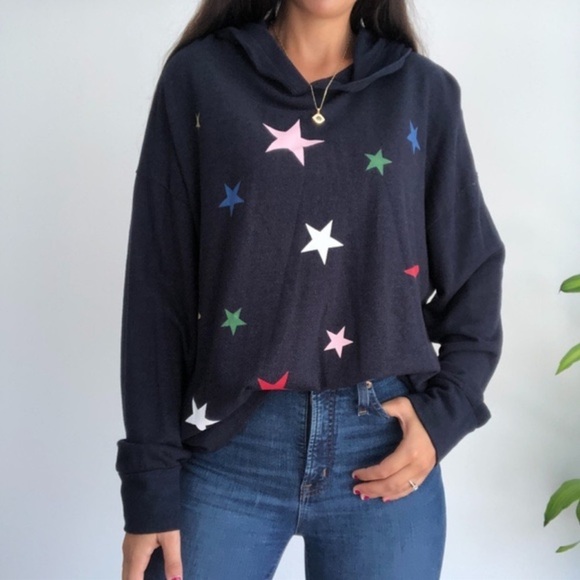 SUNDRY Navy Blue Hoodie with Multicolored Star Print Graphic, Size 3 (Large) - Picture 1 of 7